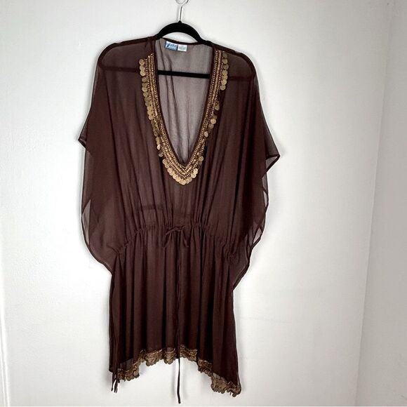 Vintage Women’s 2X Sheer Brown Caftan Cover-Up Tunic Top Gold Embellished Trim - Picture 1 of 14